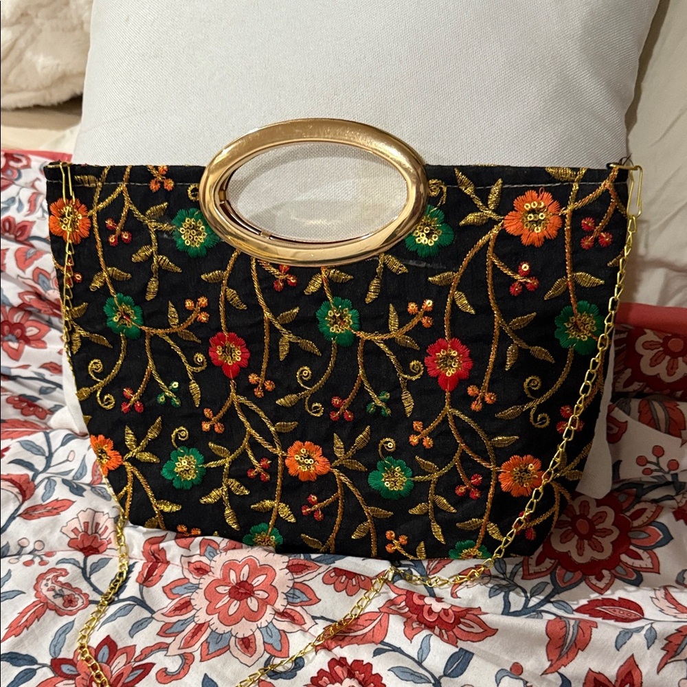 Source Unknown Black Floral Clutch with Gold Details NEW NO TAG